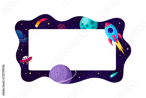 Cartoon galaxy space kid frame or border with rocket, planets, comets and stars in the Universe landscape. Vector celestial-themed template showcases cosmic travel and mesmerizing cosmic wonders