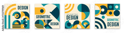 Modern abstract posters with Bauhaus geometric pattern, vector templates for book or magazine covers. Modern or retro Bauhaus pattern backgrounds with simple shapes and colors in mosaic pattern