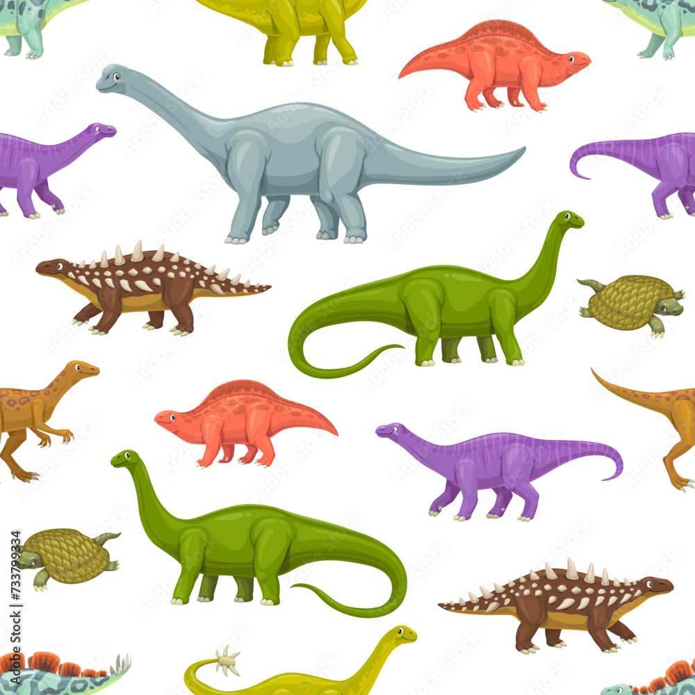 Cartoon dinosaur characters seamless pattern. Fabric funny backdrop, textile vector print with Polacanthus, Eoraptor, Lotosaurus and Wuerhosaurus, Shunosaurus, Haplocanthosaurus dinosaur personages