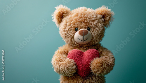 Smiling teddy bear holding red soft heart and pastel green background. Mock up for happy, positive idea. Empty place for emotional, sentimental text, quote or sayings. Valentine's Day  © annebel146