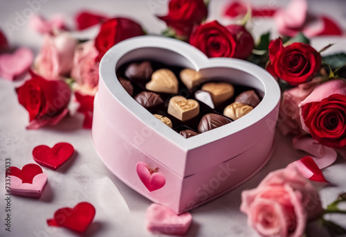 Delizie Affettuose- Cioccolatini di San Valentino di Lusso in Scatola Regalo a Forma di Cuore con Rose Tenere photo