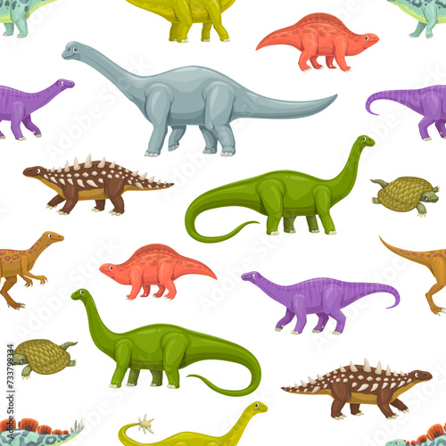 Fototapeta Naklejka Na Ścianę i Meble -  Cartoon dinosaur characters seamless pattern. Fabric funny backdrop, textile vector print with Polacanthus, Eoraptor, Lotosaurus and Wuerhosaurus, Shunosaurus, Haplocanthosaurus dinosaur personages