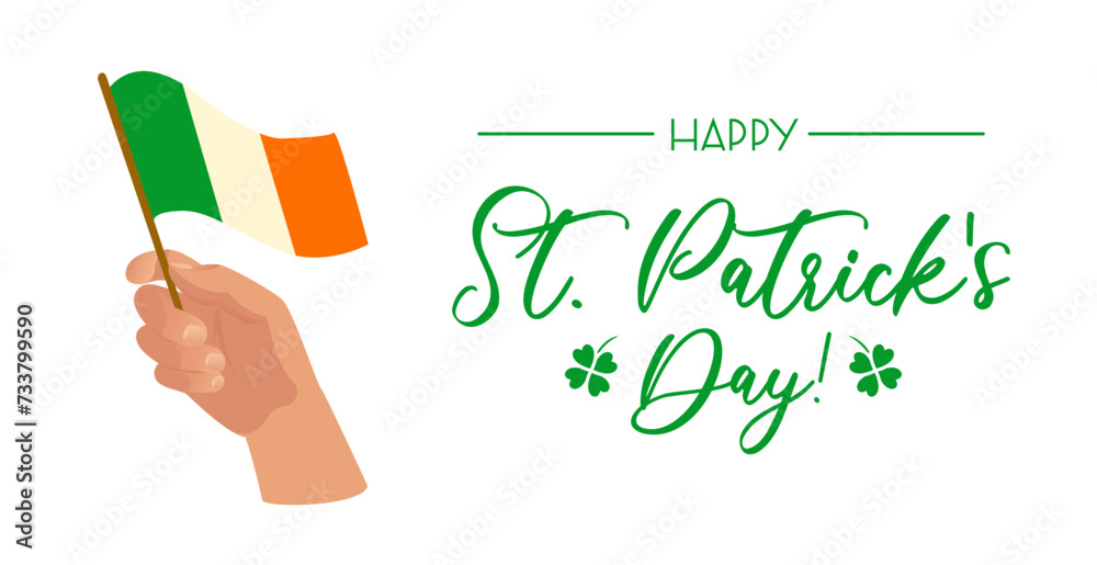 Happy St. Patricks Day horizontal banner. Hand with the flag of Ireland. Four leaf clover, symbol of good luck. Religious traditions. For banner, website, poster, flyer Happy St. Patricks Day horizontal banner. Hand with the flag of Ireland. Four leaf clover, symbol of good luck. Religious traditions. For banner, website, poster, flyer