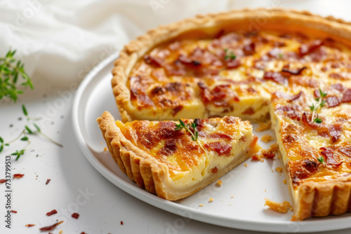 Bacon Quiche on a Plate With a Slice Missing