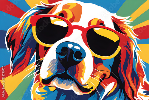 Cool dog head with sunnglases on white background. happy color wide photo, pop art. generative ai photo