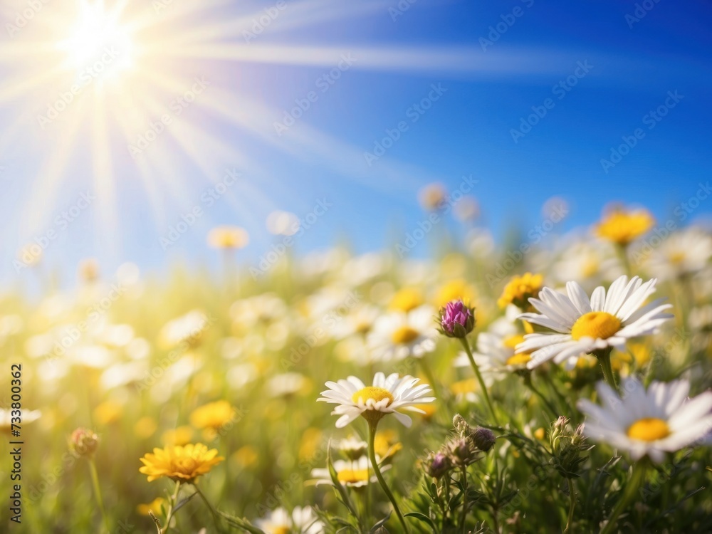 Sunshine Over Field of White Daisies. A vibrant field of white daisies bathed in the warmth of the sun, with a clear blue sky in the background.