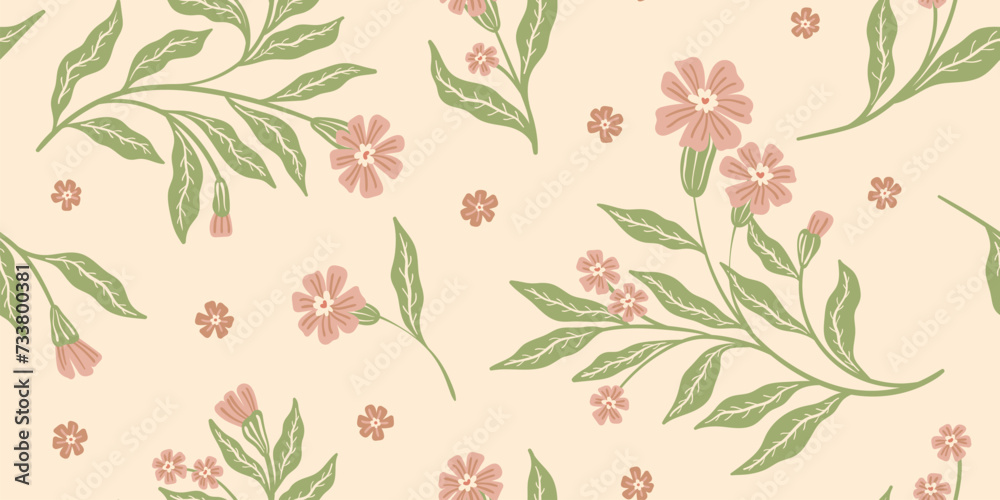 Seamless floral pattern, decorative ditsy print, ornament in a retro folk motif. Botanical design: hand drawn small flowers, large branches, leaves abstract on a light background. Vector illustration.