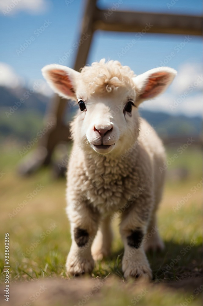 Curious Lamb on a Sunny Pasture. An adorable young lamb with a soft curly fleece looks curiously at the camera, standing in a sunny, green pasture with a backdrop of mountains. Curious Lamb on a Sunny Pasture. An adorable young lamb with a soft curly fleece looks curiously at the camera, standing in a sunny, green pasture with a backdrop of mountains.