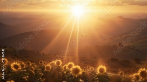 Sunrise Over Sunflower Field in Mountainous Landscape. Sunlight bathes a field of sunflowers with the first warm glow of sunrise, set against a backdrop of undulating mountains and a hazy sky.