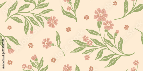 Seamless floral pattern, decorative ditsy print, ornament in a retro folk motif. Botanical design: hand drawn small flowers, large branches, leaves abstract on a light background. Vector illustration.