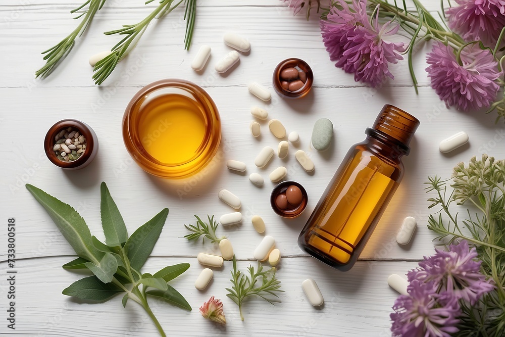 Different pills, herbs and flowers on white wooden table, flat lay. Dietary supplements Different pills, herbs and flowers on white wooden table, flat lay. Dietary supplements