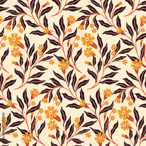Seamless floral pattern, abstract ditsy print with decorative art plants in retro folk style. Botanical design in autumn colors: hand drawn flowers, branches, leaves in fall. Vector illustration
