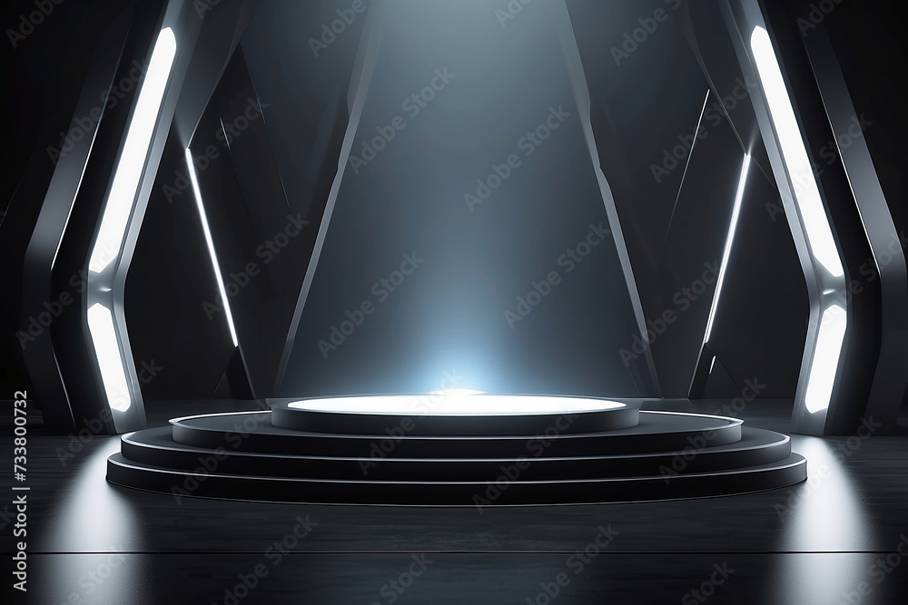 Futuristic dark podium with light and reflection background Futuristic dark podium with light and reflection background