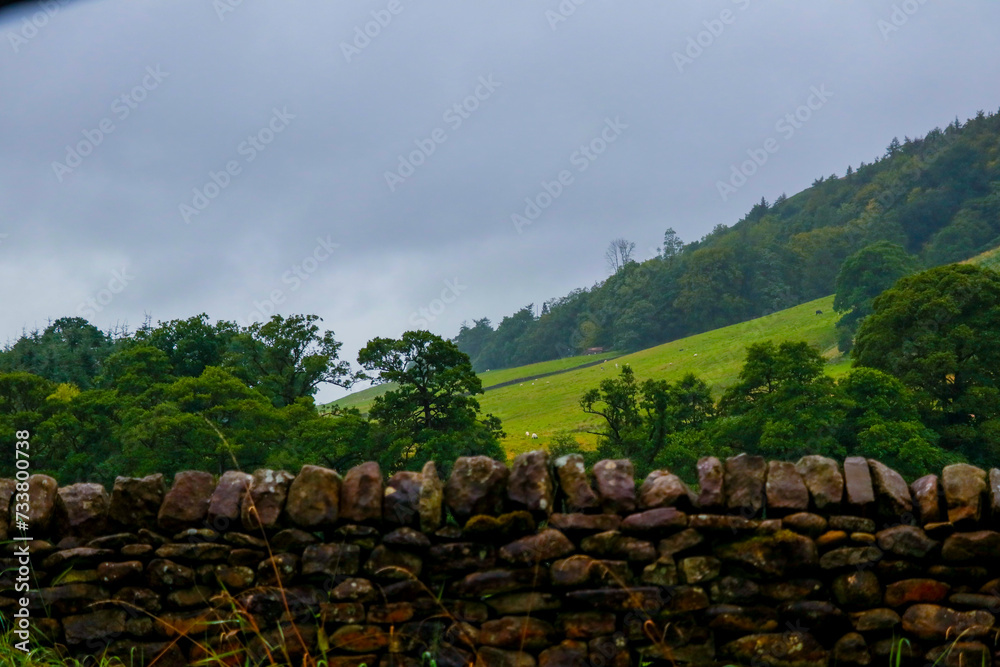 stone fence with a w green hills and forest