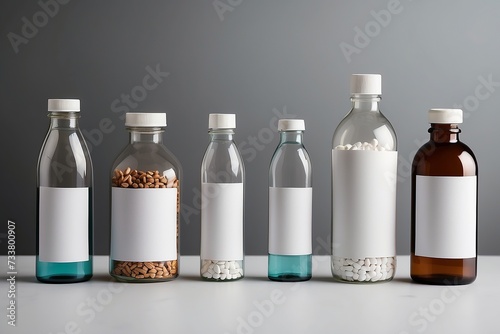 minimalist different bills and bottles for pharmaceutical and healthcare medication and drug research labs concepts with copy space area