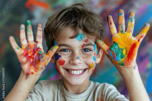 Young Boy With Paint-Covered Hands