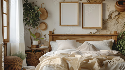 Rustic Bedroom Charm with Wooden Headboard and Natural Accents