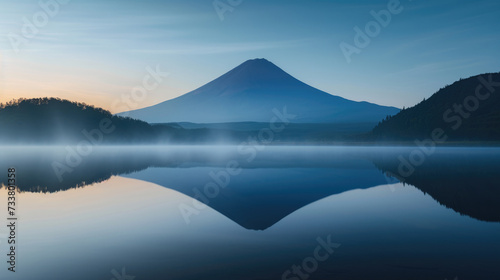 Twilight calmness with symmetric reflection of volcanic mountain in lake waters
