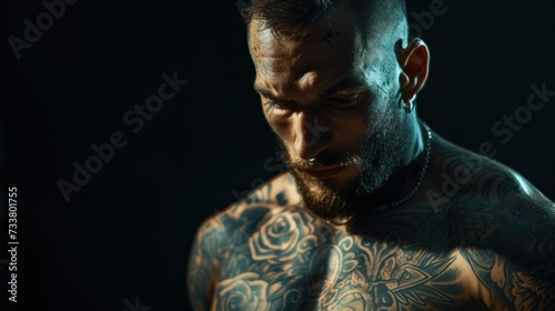 Portrait of handsome confident stylish hipster lambersexual model. Sexy modern man. Naked torso with tattoos. Fashion male posing in studio on dark background
