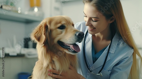 Beautiful Female Veterinarian Petting a Noble Golden Retriever Dog