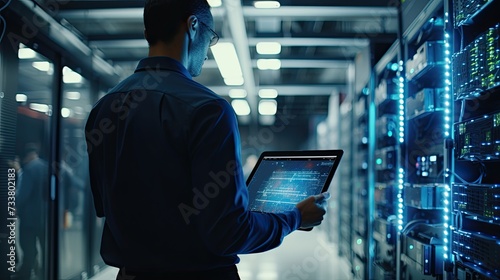 IT Specialist Uses Tablet in Data Center