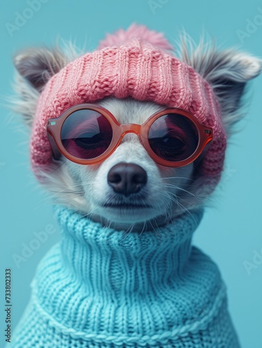 Australian Shepherd dog portrait with high necked sweater, showcasing innovative and fashionable beauty trends from the 1960s