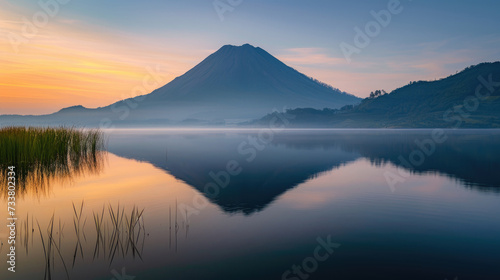 Twilight calmness with symmetric reflection of volcanic mountain in lake waters