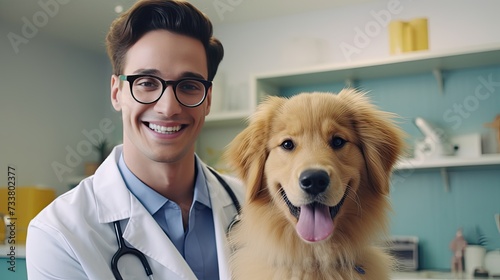 Young Veterinarian in Glasses Petting a Noble Healthy Golden Retriever Pet