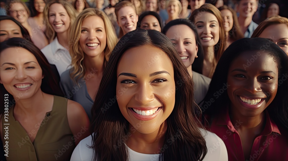 Obraz premium Smiling Mixed Race Woman Becoming Part of Multi-Ethnic Group of People with Diverse Gender
