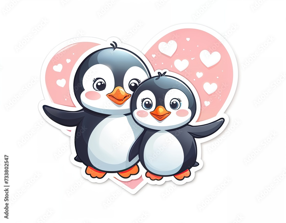 two penguins, one larger and one smaller, standing close together. They are facing each other and appear to be hugging. Behind them is a heart-shaped design made up of smaller penguins and pink hearts