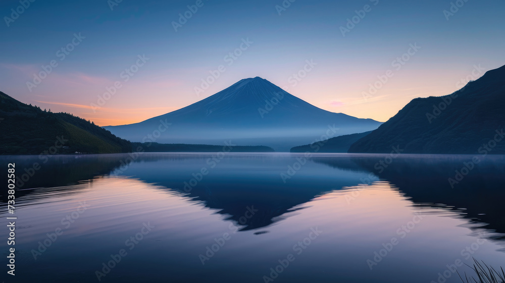 Twilight calmness with symmetric reflection of volcanic mountain in lake waters Twilight calmness with symmetric reflection of volcanic mountain in lake waters
