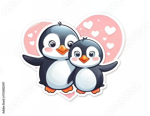 two penguins  one larger and one smaller  standing close together. They are facing each other and appear to be hugging. Behind them is a heart-shaped design made up of smaller penguins and pink hearts