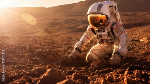 In the warm glow of a sunset, an astronaut in full gear carefully examines the Martian soil, simulating field research on Mars.