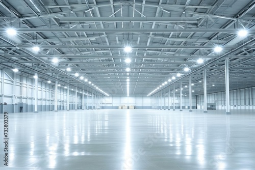 Modern White LED Ceiling Lamps in a Warehouse Interior