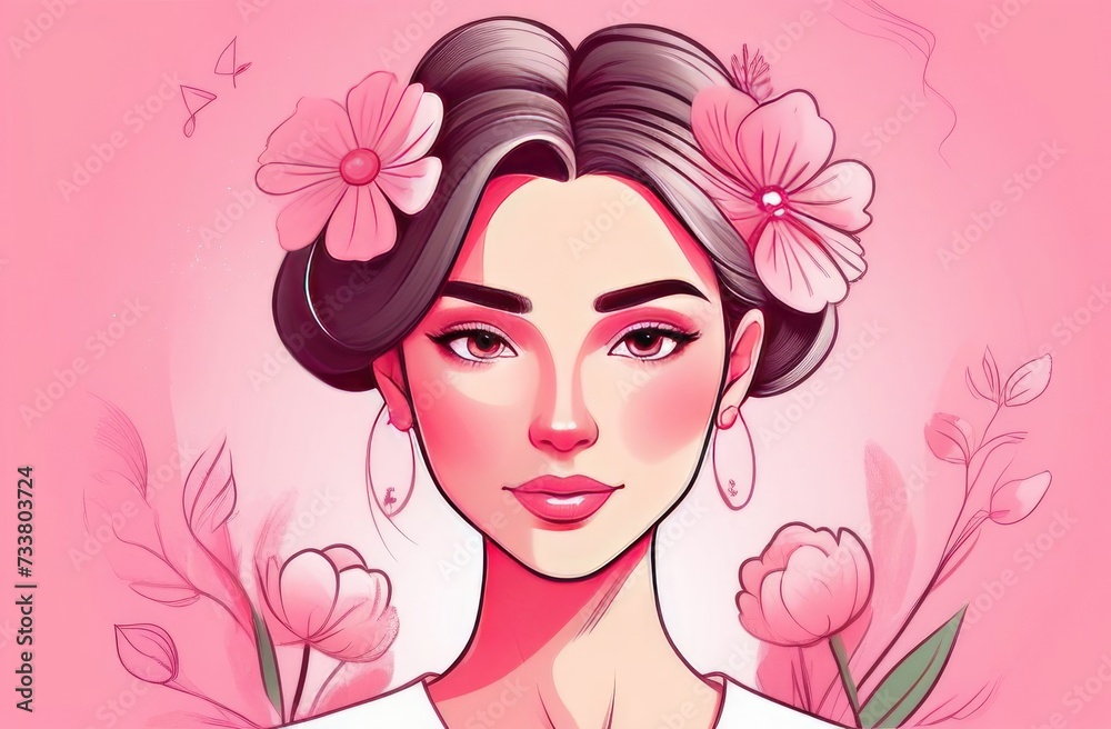 Beautiful fashion portrait of young woman with spring flowers in hairstyle, solid pink background, soft studio light. Illustration. Pink colors.