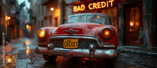 Bad Credit.A red vehicle is parked in front of a building displaying bad credit