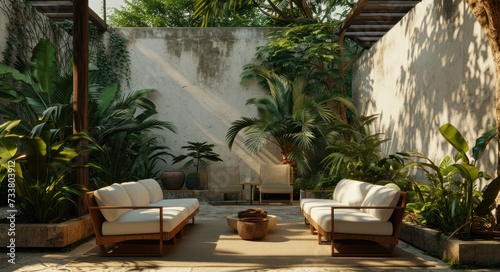 Luxurious Outdoor Living Space: Elegant Furniture, Tropical Wall, and Serene Views