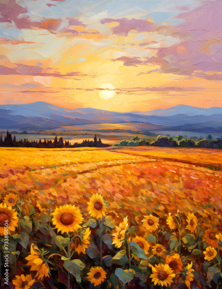 Sunflower Palette Knife Painting, Golden Yellow Sunset, Colorful, Bright in golden yellow, green, orange, artwork, oil painting, mountains in the background