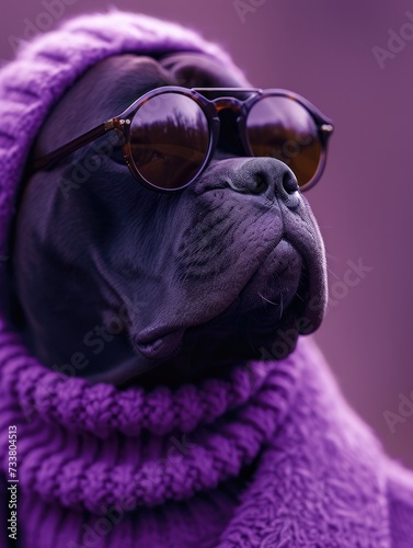 Cane Corso dog portrait with high necked sweater, showcasing innovative and fashionable beauty trends from the 1960s © hakule