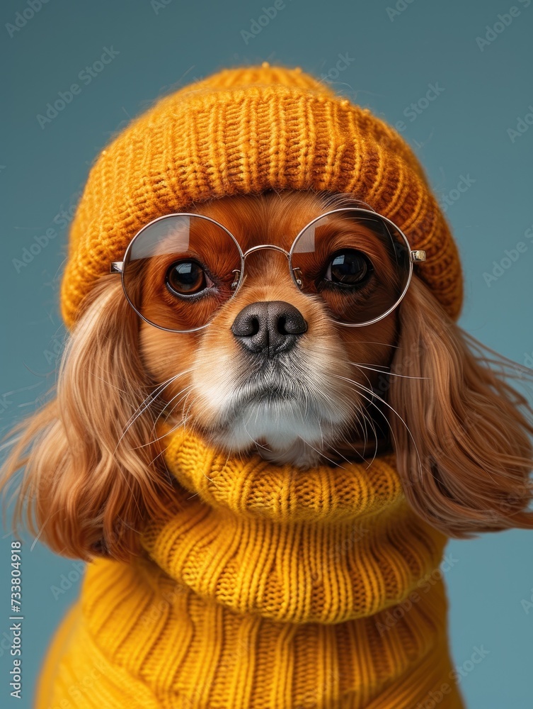 Cavalier King Charles Spaniel dog portrait with high necked sweater, showcasing innovative and fashionable beauty trends from the 1960s