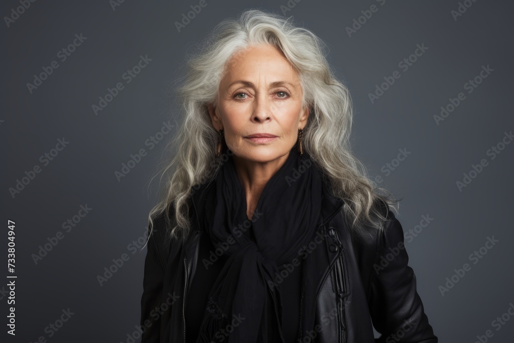 Mature woman with grey hair and black leather jacket on grey background