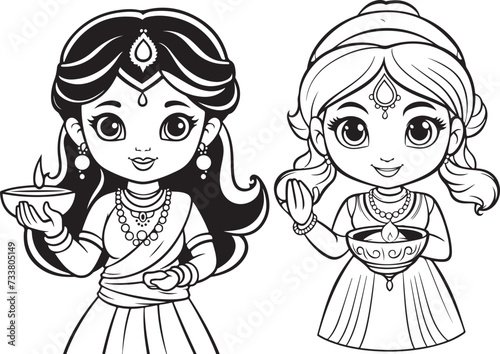 indian lady holding diya character illustration