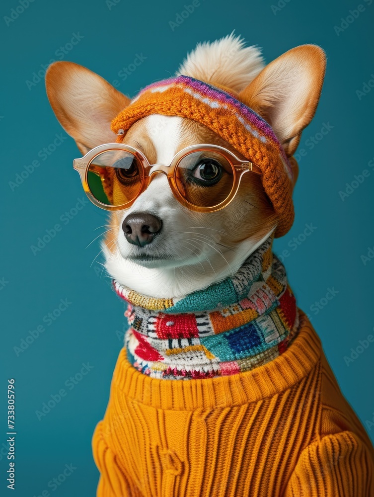 corgi dog portrait with high necked sweater, showcasing innovative and fashionable beauty trends