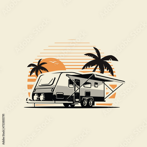 Caravan trailer motorhome in beach scenery vector illustration. Best for camping and outdoor camping related industry