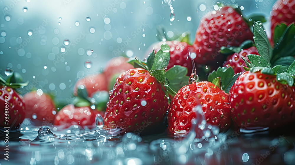 Close-up of ripe strawberries with vivid green leaves, glistening with fresh water droplets on a reflective surface.
Close-up of ripe strawberries with vivid green leaves, glistening with fresh water droplets on a reflective surface.