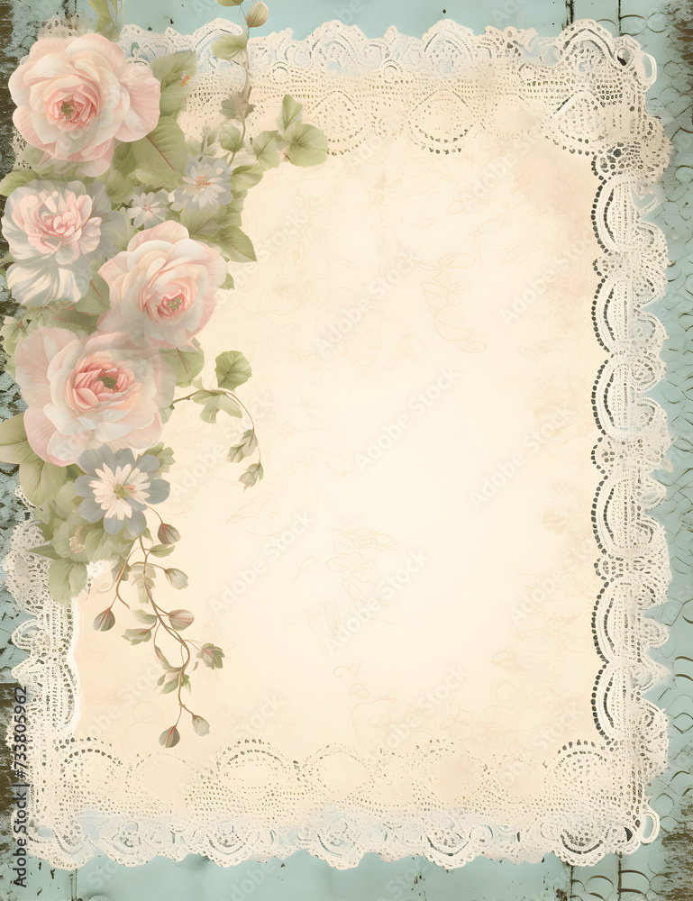 Vintage Wedding Scrapbook Paper Journal, Lace, Florals, flowers, empty space, green, pink, ivory, white, border
