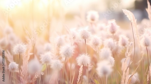 Beautiful soft fluffy flowers on nature outdoor with smooth blurred field and bokeh sun light background.  © Alpa