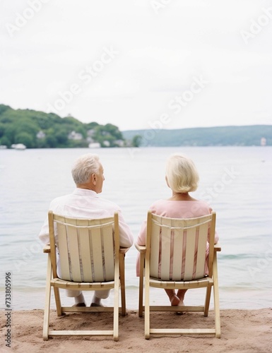 Elderly couple enjoying a day out at the beach, sitting in chairs, AI-generated.