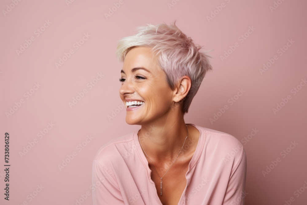 Portrait of a beautiful woman with short pink hair on a pink background Portrait of a beautiful woman with short pink hair on a pink background