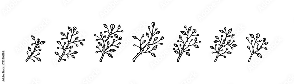 Spring blooming outline branch set. Black and white hand drawn flowering plant minimalist icons. Minimal modern design element for greeting cards, wedding invitations, beauty and spa salon logo
